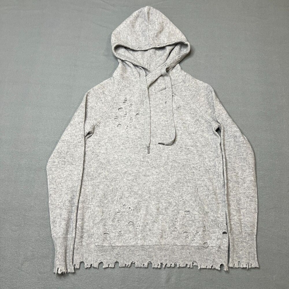 Aqua Hoodie Womens Small Gray 100% Cashmere Raglan Sleeve Drawstring Distressed